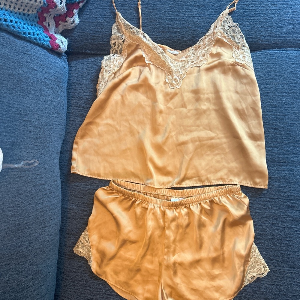 Cream Satin Pajama Set with Spaghetti Straps